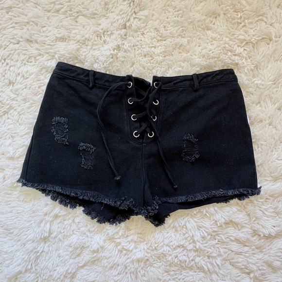 Lulus Pants - En Créme Black Distressed Lace Up Shorts